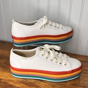 KEDS Sz 9 Triple Up Leather Platform Sneakers Rainbow White Multicolor Y2K Retro